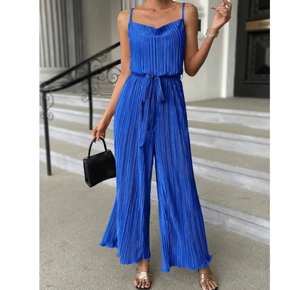 Luxe Olive Green Pleated Belted Wide Leg Cami Jumpsuit - Picture 6 of 7